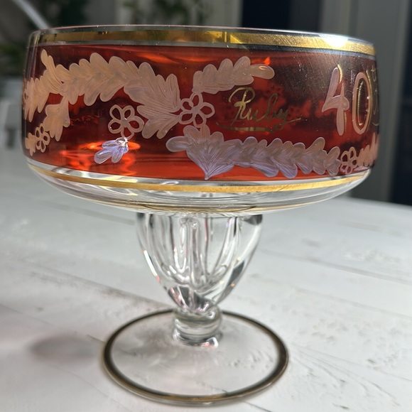 Vintage 40th RUBY ANNIVERSARY Fruit Bowl, Crystal Ruby&Gold Etched Pedestal Dish - Picture 3 of 12